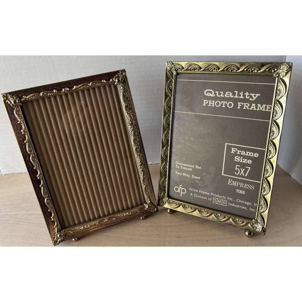 Vtg Gold Metal Photo Frame LOT of 2 Embossed Scroll 5 x 7 Picture MCM Oval Mat